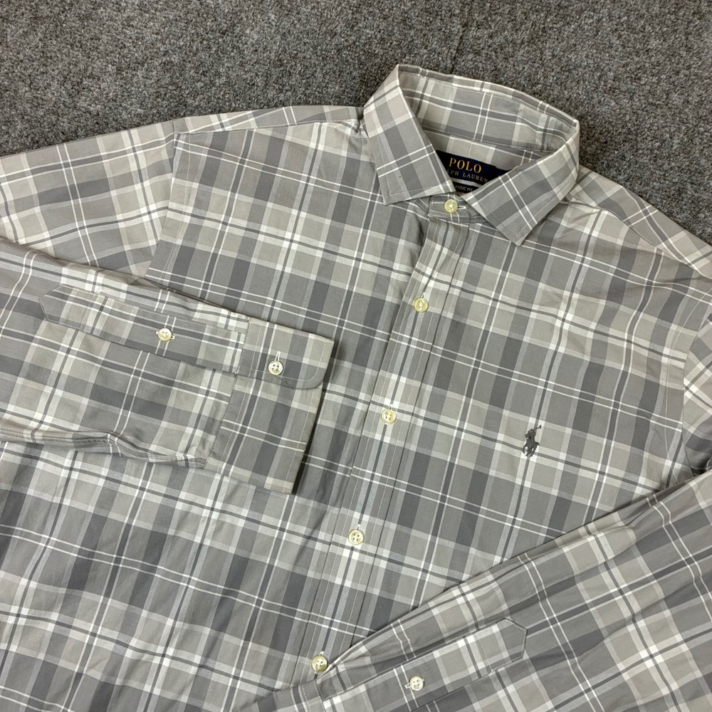 Polo Ralph Lauren Mens Size Large Classic Fit Plaid Button Down Shirt Grey White
